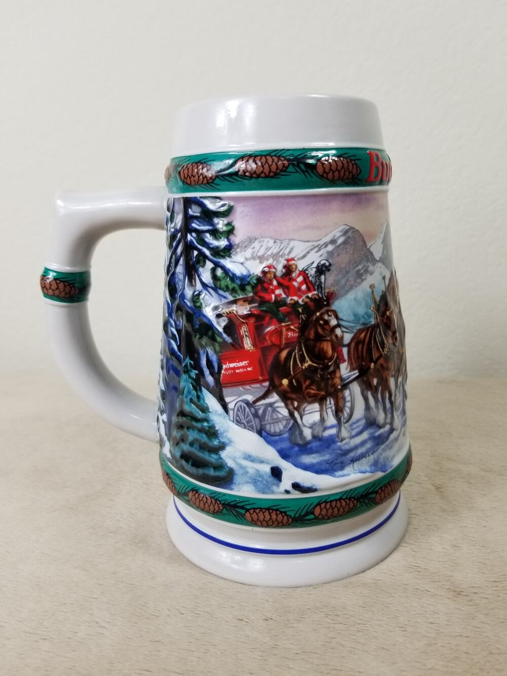 Budweiser Beer Stein Mug 7" Holiday Collection Nora Koerber 1993 Handcrafted Vtg